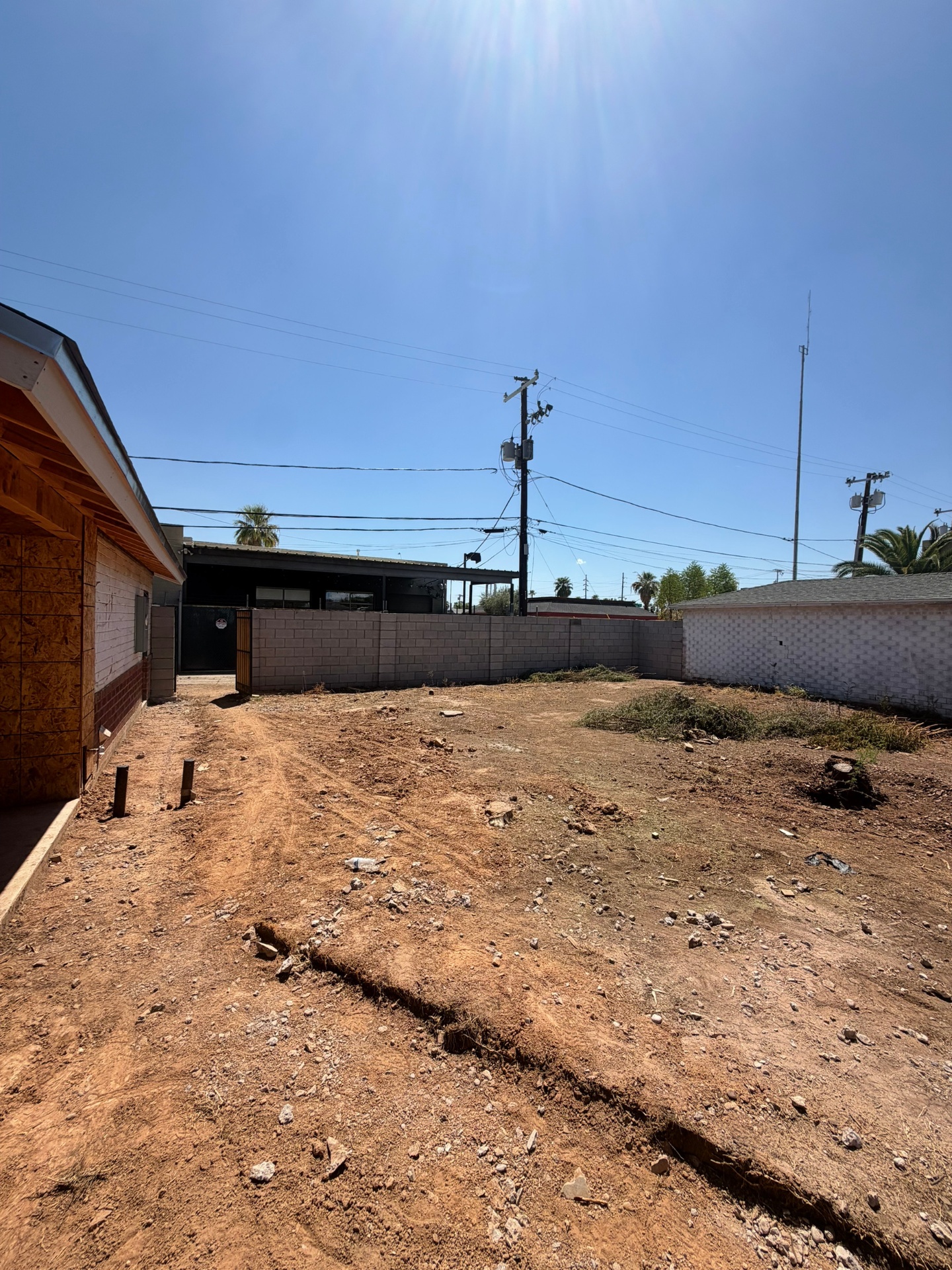 Backyard graded down to bare dirt after demolition debris and vegetation were hauled off