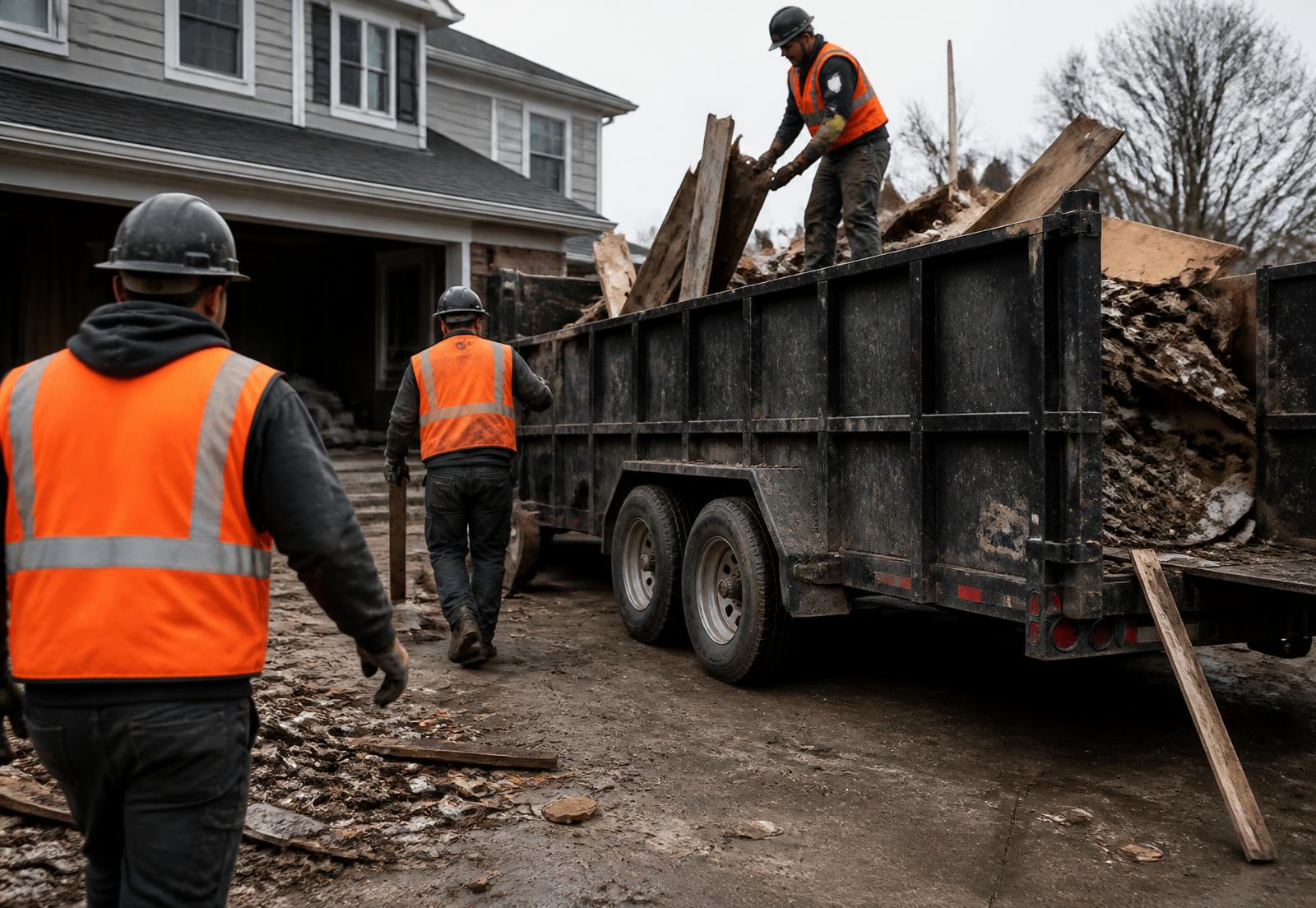 Junk removal crew in high-visibility vests loading demolition debris into a dump trailer at a house